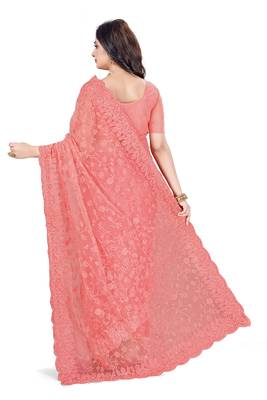 Peach embroidered net saree with blouse 3