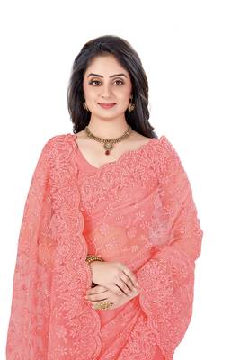 Peach embroidered net saree with blouse 4