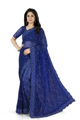 Blue embroidered net saree with blouse 1