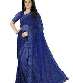 Blue embroidered net saree with blouse