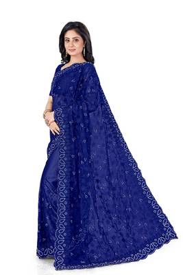 Blue embroidered net saree with blouse 2