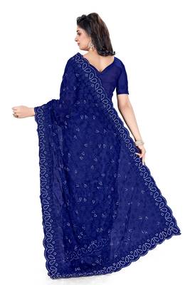 Blue embroidered net saree with blouse 3