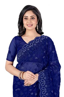 Blue embroidered net saree with blouse 4