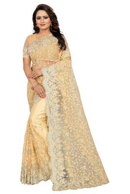 Yellow embroidered net saree with blouse 1