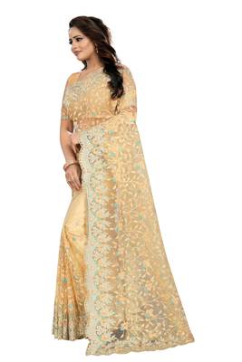 Yellow embroidered net saree with blouse 2