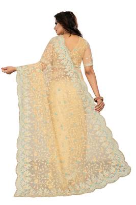 Yellow embroidered net saree with blouse 3