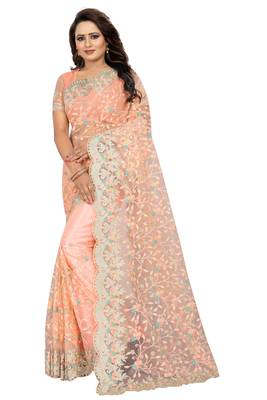 Pink embroidered net saree with blouse 1