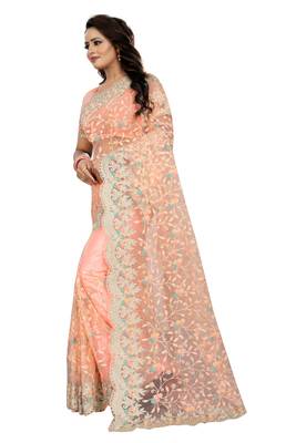 Pink embroidered net saree with blouse 2