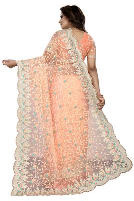 Pink embroidered net saree with blouse 3