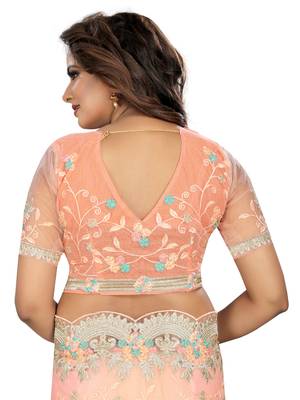 Pink embroidered net saree with blouse 4