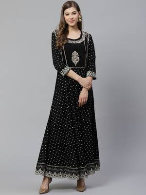 Black embroidered rayon long-kurtis 1