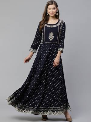 Blue embroidered rayon long-kurtis 1