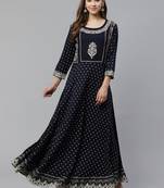 Blue embroidered rayon long-kurtis