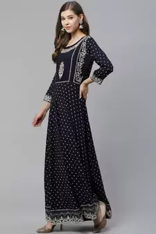 Blue embroidered rayon long-kurtis