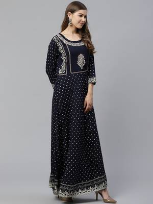 Blue embroidered rayon long-kurtis 3