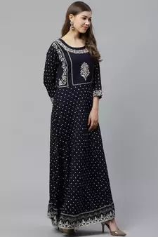 Blue embroidered rayon long-kurtis