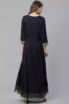 Blue embroidered rayon long-kurtis