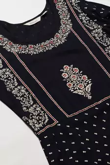 Blue embroidered rayon long-kurtis
