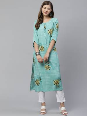 Turquoise printed rayon ethnic-kurtis 1