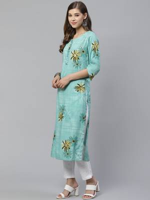 Turquoise printed rayon ethnic-kurtis 2