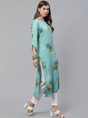 Turquoise printed rayon ethnic-kurtis 3