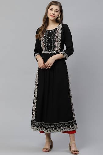 Black embroidered rayon ethnic-kurtis