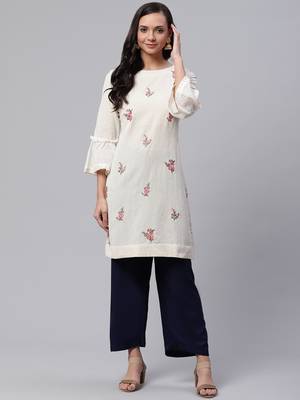 Off-white embroidered cotton short-kurtis 1