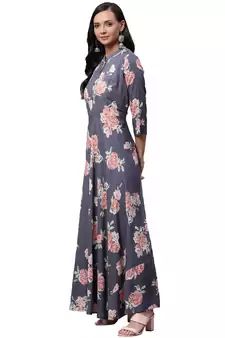 Grey printed rayon long-kurtis
