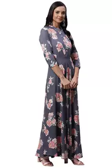 Grey printed rayon long-kurtis