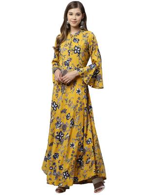 Mustard printed rayon long-kurtis 1