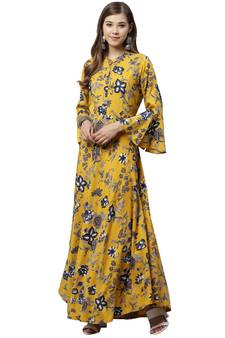 Mustard printed rayon long-kurtis