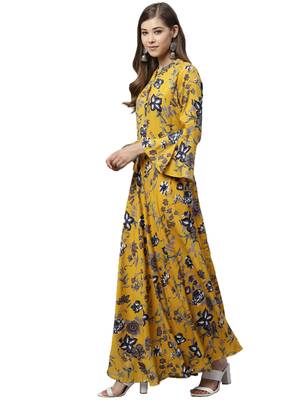 Mustard printed rayon long-kurtis 3