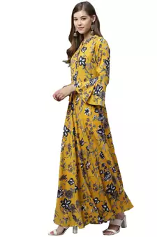 Mustard printed rayon long-kurtis