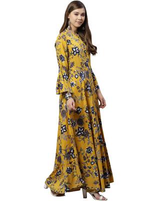 Mustard printed rayon long-kurtis 4