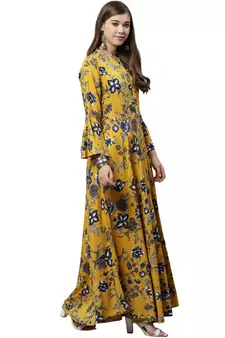 Mustard printed rayon long-kurtis