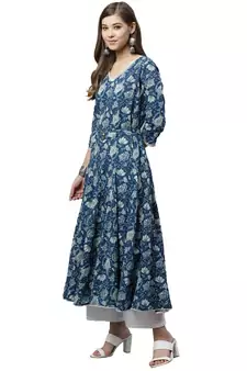 Indigo printed cotton long-kurtis