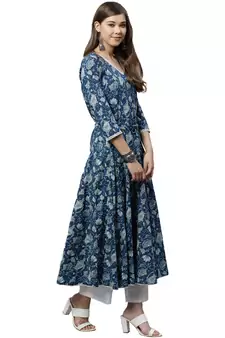 Indigo printed cotton long-kurtis