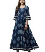 Blue printed cotton long-kurtis