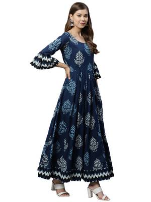 Blue printed cotton long-kurtis 2