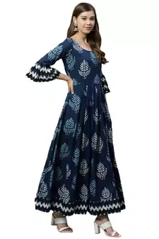 Blue printed cotton long-kurtis