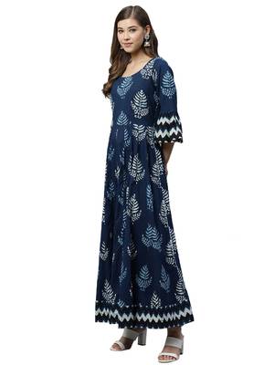 Blue printed cotton long-kurtis 4