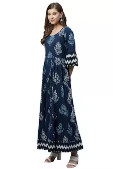 Blue printed cotton long-kurtis
