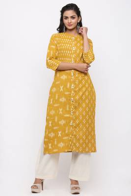 Women's  Mustard Cotton Slub Ikat Printed Straight Kurta 1