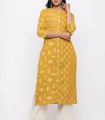 Women's  Mustard Cotton Slub Ikat Printed Straight Kurta