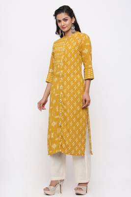 Women's  Mustard Cotton Slub Ikat Printed Straight Kurta 2