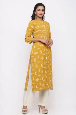 Women's  Mustard Cotton Slub Ikat Printed Straight Kurta 3