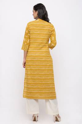 Women's  Mustard Cotton Slub Ikat Printed Straight Kurta 4