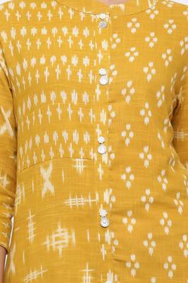 Women's  Mustard Cotton Slub Ikat Printed Straight Kurta 5