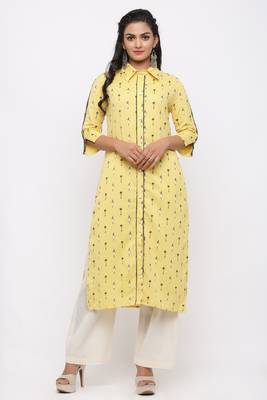 Women's  Yellow Cotton Flex Ikat Printed Straight Kurta 1