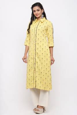Women's  Yellow Cotton Flex Ikat Printed Straight Kurta 2